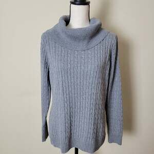 Pria Size L Gray Cowl Neck Long Sleeve Cable Knit Cotton Sweater